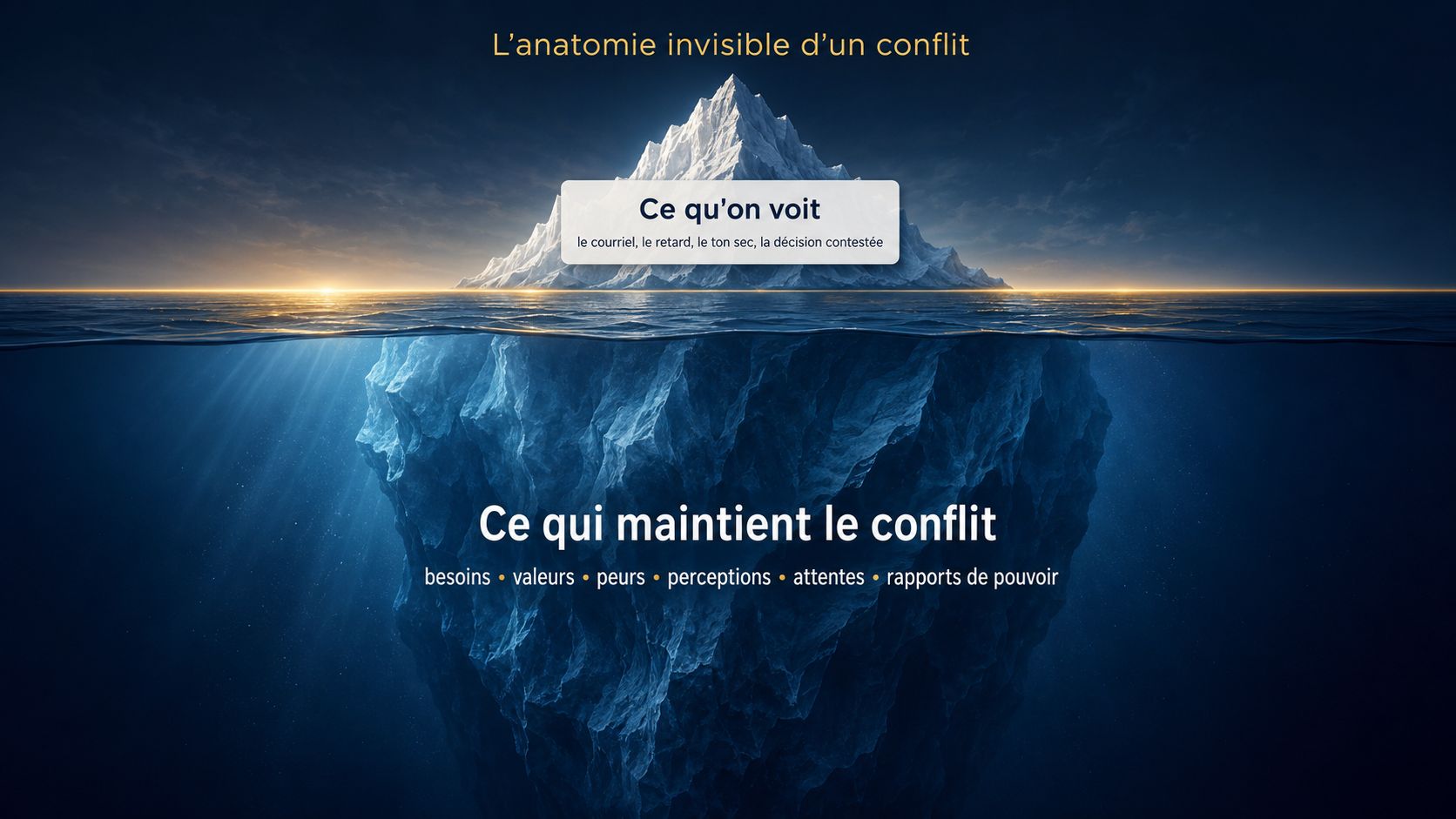 L'anatomie invisible d'un conflit : la partie visible et la masse immergée des besoins, valeurs, peurs et perceptions