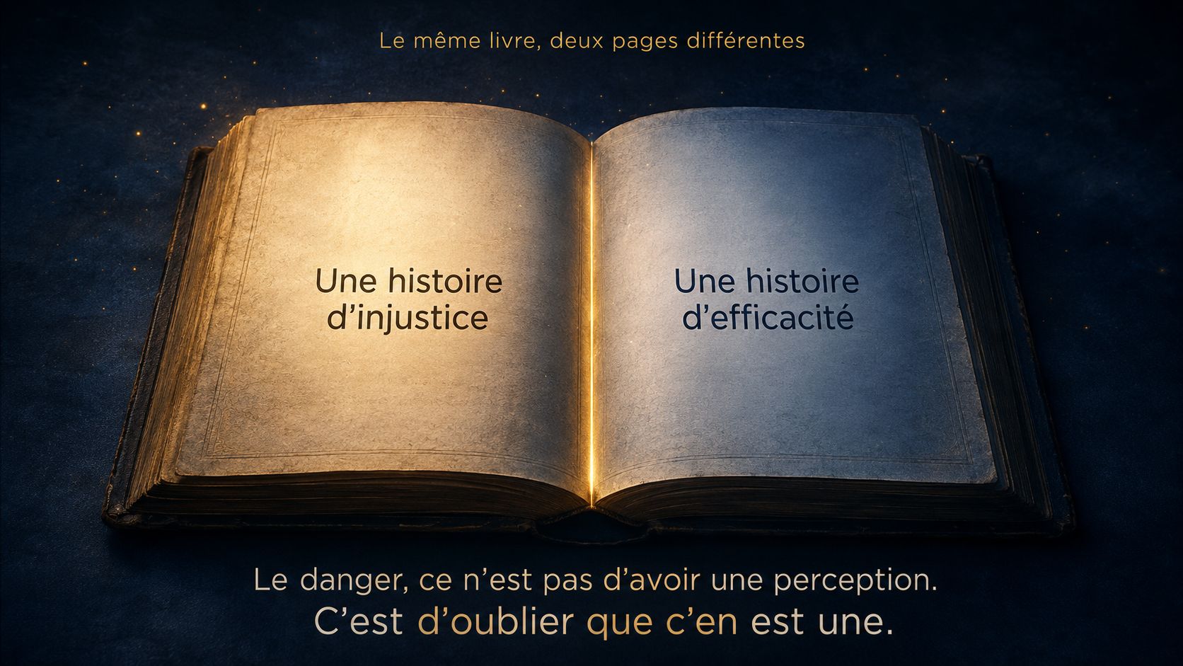 Le même livre, deux pages différentes : une histoire d'injustice et une histoire d'efficacité