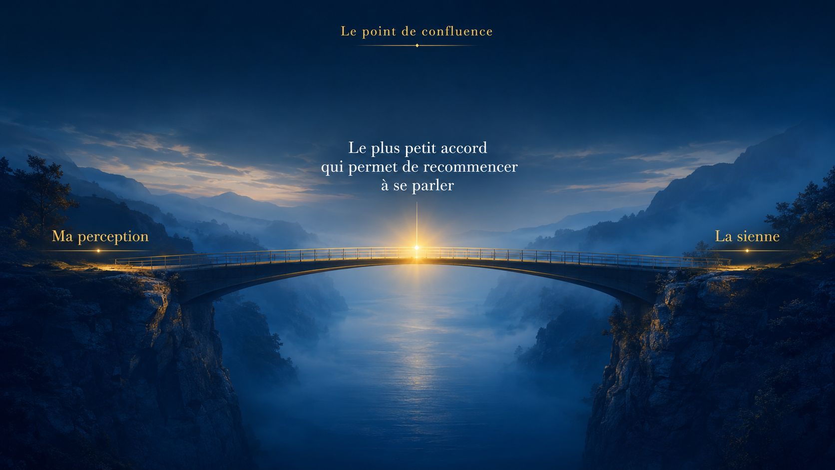 Le point de confluence : deux rives reliées par un pont, avec un point de rencontre lumineux au centre